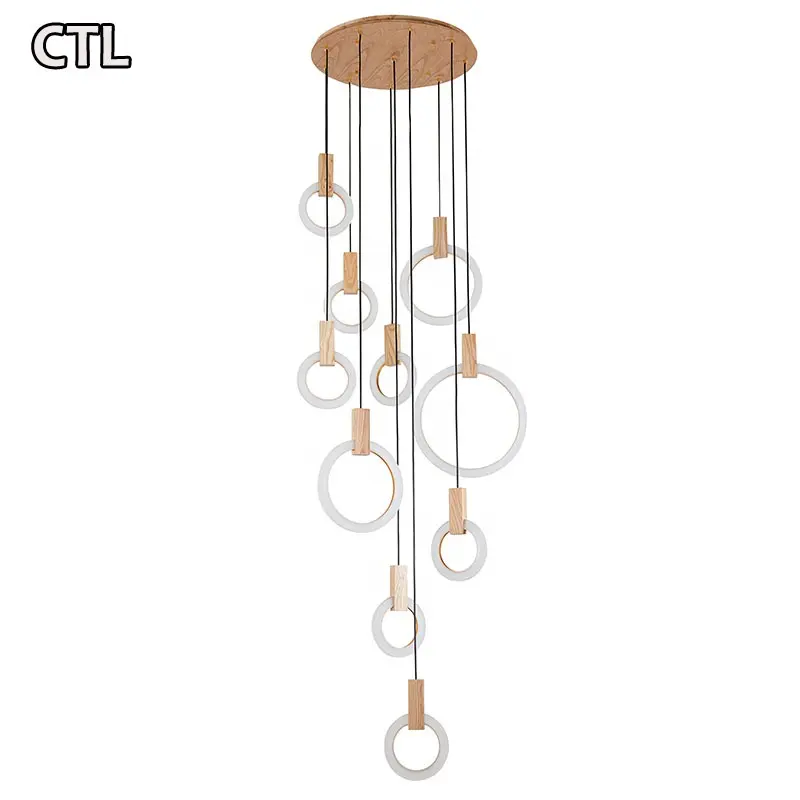 High ceilings large long glass LED pendant lamp round wood ceiling light hotel villa staircase modern luxury rings chandelier
