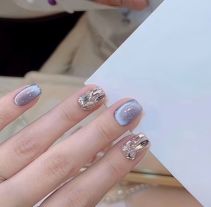 <span class=keywords><strong>Uñas</strong></span> Postizas Acrílicas con Degradado Cuadrado y Diseño de Cielo Estrellado Morado Estilo Francés, Incrustaciones Hechas a Mano, Cobertura Total, Certificación CE, 10 Piezas - Product Image 4