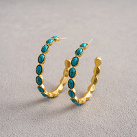 Bijoux de mode OEM/ODM, boucles d'oreilles géométriques en métal et résine vintage en forme de C, pierre turquoise, boucles d'oreilles créoles vertes dorées