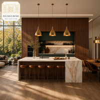 Meubles de cuisine sur mesure en placage de noyer chaud, laque gris, sans poignées, pour toute la maison, avec îlot en marbre cascade, fabrication OEM