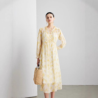 Robe longue 100 % soie de mûrier à imprimé floral pour femme, élégante, vintage, avec encolure à volants, taille haute, coupe trapèze, collection Printemps 2026