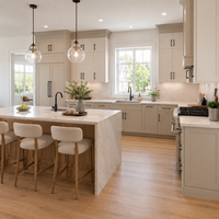 Armoires de cuisine modulaires en forme de U Panneaux de particules écologiques avec laminage en PVC Glissières à fermeture