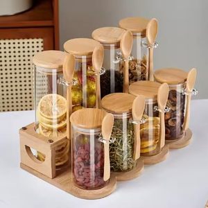 Pot à sucre en verre, récipient à sel transparent hermétique avec couvercle en bambou et cuillère doseuse pour le stockage des flocons d'avoine, des sels et des grains de café - Product Image 2