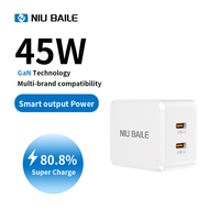 NIUBAILE Chargeur portable double USB-C pliable en matériau GaN 45W avec câble de 0,9 m PD3.0 QC2.0 ignifuge et écologique pour tous les mobiles