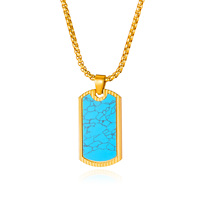 Collier unisexe en acier inoxydable plaqué argent avec pendentif rectangulaire en pierre naturelle turquoise style punk, vente en gros