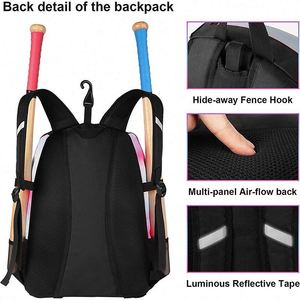 Sac à dos de baseball BSCI avec support externe pour casque, sac à dos de softball, kit de baseball personnalisé, sacs à roulettes pour bâtons de baseball - Product Image 5