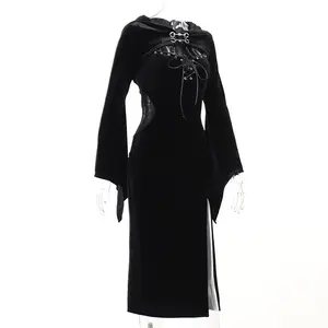 Wholesale Goth Black Flare Sleeve Gothic Clothing Goth Hooded Dress For Women