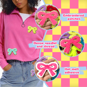 Badge brodé thermocollant en chenille, motifs fleur, arc-en-ciel, nœud, éclair, avec bordure dorée pailletée, pour vêtements de filles, sacs à dos et projets DIY - Product Image 5