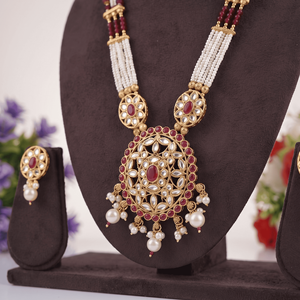 Royal <b>Ruby</b> Red Kundan Pendant Pearl Mala <b>Necklace</b> Gold Plated Beaded Long Haram Matching Earrings Traditional Bridal Wear - Product Image 2