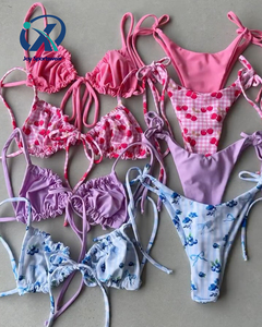 Costume da Bagno Reversibile con Lacci, <span class=keywords><strong>Shorts</strong></span> Triangolari Senza Cuciture con Motivi Floreali, Set Copricostume Micro Plus Size - Product Image 1