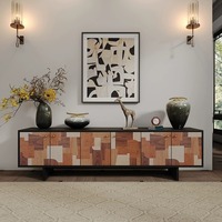 Armoire de rangement vintage de style mi-siècle pour cuisine, salon ou couloir, avec un design asymétrique et géométrique abstrait, en patchwork, et tiroirs de présentation