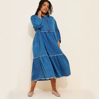Robe longue en jean pour femme grande taille, style chemise vintage superposée et ample, avec design patchwork à bords bruts, séchage rapide pour l'été