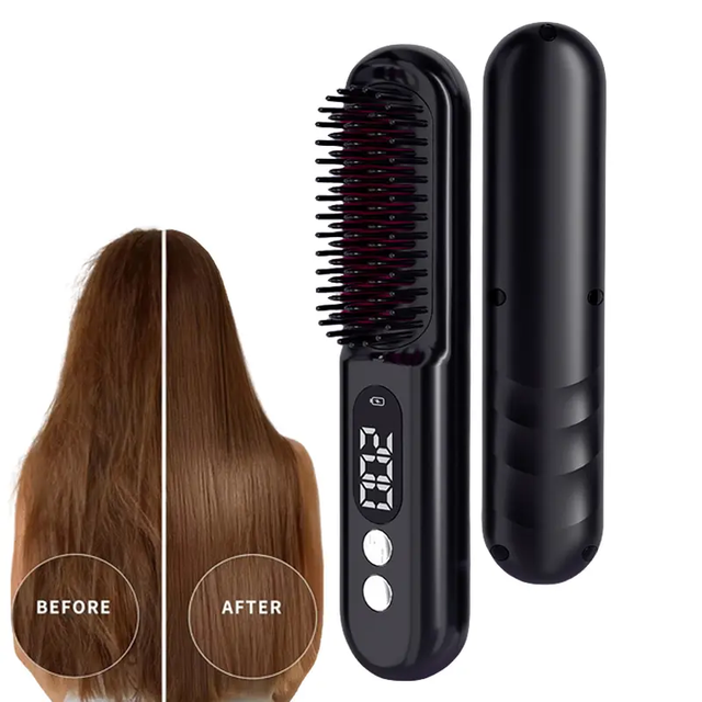 Portable Electric LCD Ceramic Heating Straight Hair Comb Wireless Negative Ion Styling Tool Rechargeable Straightening Brush