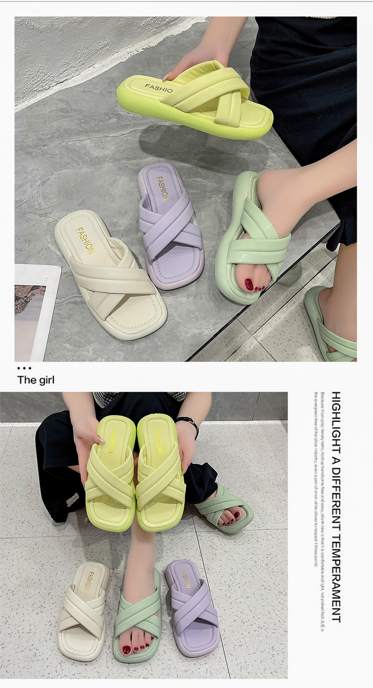 New Platform Slippers Cross Strap Comfortable Home Shoes Outside Square Head Beach Sandals