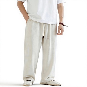 Men's Cotton Casual Pants Elastic Waist Drawstring Lightweight Summer Breathable Straight Fit <b>White</b> - Product Image 1