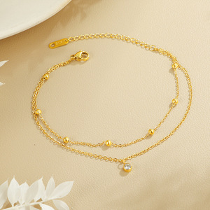 Chaîne <span class=keywords><strong>de</strong></span> <span class=keywords><strong>cheville</strong></span> double couche en acier inoxydable 316 pour <span class=keywords><strong>femme</strong></span>, avec perles et diamants, en acier titane plaqué <span class=keywords><strong>or</strong></span> 18 carats, inaltérable - Product Image 1