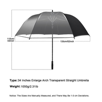 Parapluie de golf classique de haute qualité, 34 pouces, 8 baleines, ouverture automatique, transparent, en fibre de verre, coupe-vent, durable, avec bande réfléchissante, droit