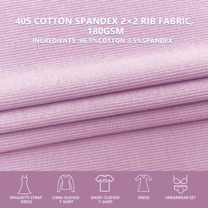 Tissu côtelé 2x2 en coton et élasthanne 40S, largeur 135 cm, 180 g/m², matière tricotée douce extensible dans les deux sens pour vêtements, t-shirts, sous-vêtements. - Product Image 2