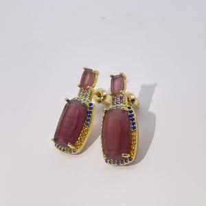 ต่างหูจี้ทรงเรขาคณิตคลาสสิกจาก Tianyu Gems ชุบทองเหลืองเคลือบทอง ประดับด้วยพลอยเซอร์คอนทรงมรกตสีน้ำเงิน/แดง สำหรับผู้หญิง - Product Image 1