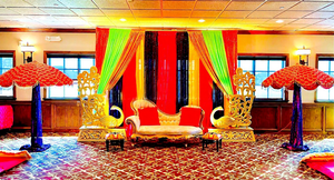 Wedding Mehndi Ceremony Wooden Moroccan <b>Bed</b> Set Traditional Wooden Moroccan <b>Bed</b> Set With Colorful Fabric Drapes For Mehndi Stage - Product Image 5