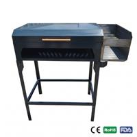 Barbecue à charbon double zone avec couvercle rabattable et support latéral ouvert pour brochettes, 97 cm, en acier bleu, pour extérieur, certifié CE RoHS, avec poignée en bois