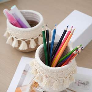 Cesta de Almacenamiento Pequeña de Macramé, Mini Organizador Tejido con Cuerda de Algodón para Papelería, Brochas de Maquillaje, Contenedor Decorativo con Borlas para Oficina - Product Image 5