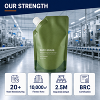 Sachet d'emballage souple à bec verseur pour gommage corporel, 250 ml (8,45 fl oz), 180 microns, vert/blanc, OPP/NY/PE, finition mate, imperméable
