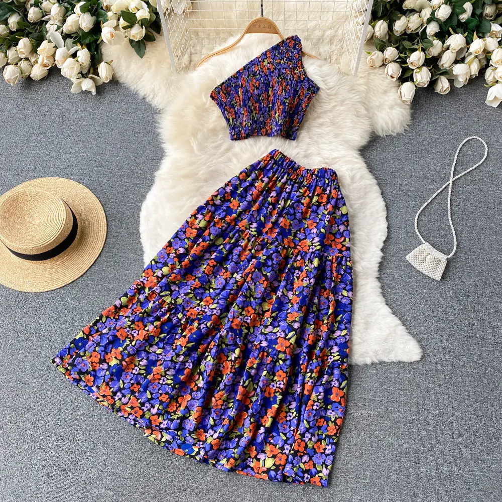 Women Summer Floral Sets Sexy Tank Tops Long Print Long Skirt Design Beach Suit Holiday Elastic Waist Two Piece Set