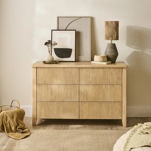 Commode de luxe en bois massif cannelé, couleur sur mesure, armoire de rangement moderne à 6 tiroirs avec tiroirs à fermeture amortie pour salon - Product Image 1