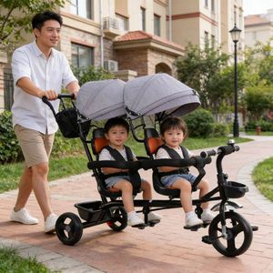 Tricycle pour enfants jumeaux à double siège, nouveau modèle très demandé, avec poignée de poussée et capote - Product Image 4