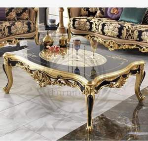 Mesa de Centro Redonda de Madera Maciza Hecha a Mano, Duradera, Tradicional, con Detalles Decorativos en Dorado Antiguo, para Sala de Estar - Product Image 3