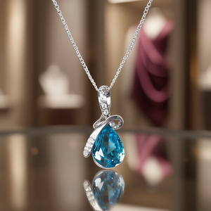 Collier pendentif en forme de larme bleu pour femme XL975, plaqué rhodium, zircone cubique, cadeau classique, à porter tous les jours - Product Image 2