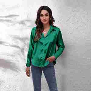 I-0711 Camisa de Satén para Mujer, Color Sólido, Tipo Seda, Manga Larga, Blusas y Camisas para Mujer - Product Image 3