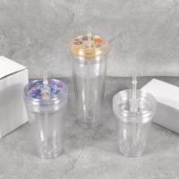 Entrepôt USA 12oz/16oz/24oz gobelet boule à neige en plastique transparent en acrylique à double paroi avec trou pré-percé et bouchon de paille