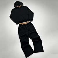 Ensemble survêtement molletonné noir vintage surdimensionné avec logo personnalisé, doublure léopard, pour homme, streetwear, deux pièces, tenue de sport