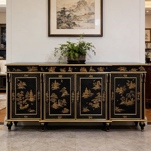 Meuble <span class=keywords><strong>d</strong></span>'<span class=keywords><strong>entrée</strong></span> en bois massif noir et or style rétro, quatre portes, structure intégrée, rangement pour salon et <span class=keywords><strong>entrée</strong></span> - Product Image 4