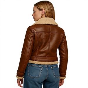 Veste aviateur en cuir d'agneau pour femme, veste bomber en fourrure marron, veste de motard en cuir véritable, coupe-vent, veste d'extérieur pour l'hiver - Product Image 4