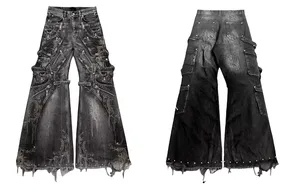 بنطلون جينز رجالي عصري بتصميم قوطي مخصص، خصر مرتفع، مقاس كبير، ممزق، مستقيم الساق، دنيم، الحد الأدنى للطلب 10 قطع - Product Image 3