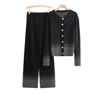 Hotfix Diamond 2 pièces ensemble cardigan à manches longues pull ample pantalon fabricants de vêtements vêtements en gros costumes pour femmes - Product Image 2