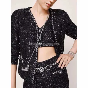 Top Quality Luxury Design Women Glitter Elegant Tweed Jacket Blazers Girls Sequined Diamond Button Coats Tweed Jackets Blazers
