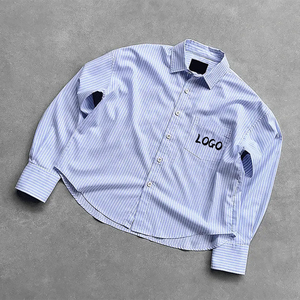 High Quality Custom Embroidered Patches Logo Stripe Oxford Shirts Long Sleeve Button Polo Business Collar Uniform Shirts For Men