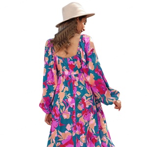 Retro Multi-color Printed square Neck Women's <b>Dress</b> Casual Versatile Women's <b>Dress</b> - Product Image 2