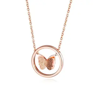 18k Rose Gold Matt Stainless Steel Butterfly Pendant Crystal Circle Necklace Jewelry Gifts for Women
