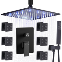 Système de douche de plafond noir pour appartement et hôtel, avec robinet de douche en céramique unique à hydromassage et diode lumineuse, en laiton poli, à jet pluie