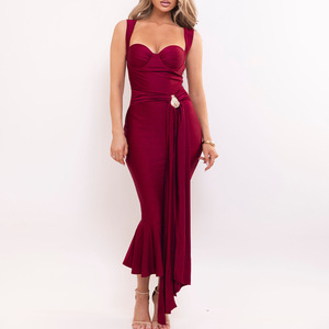 Elegante Vestido Midi Halter sin Tirantes con Lazo, Color Sólido, Espalda Descubierta, Cintura Ajustada, Vestido de Noche - Product Image 1