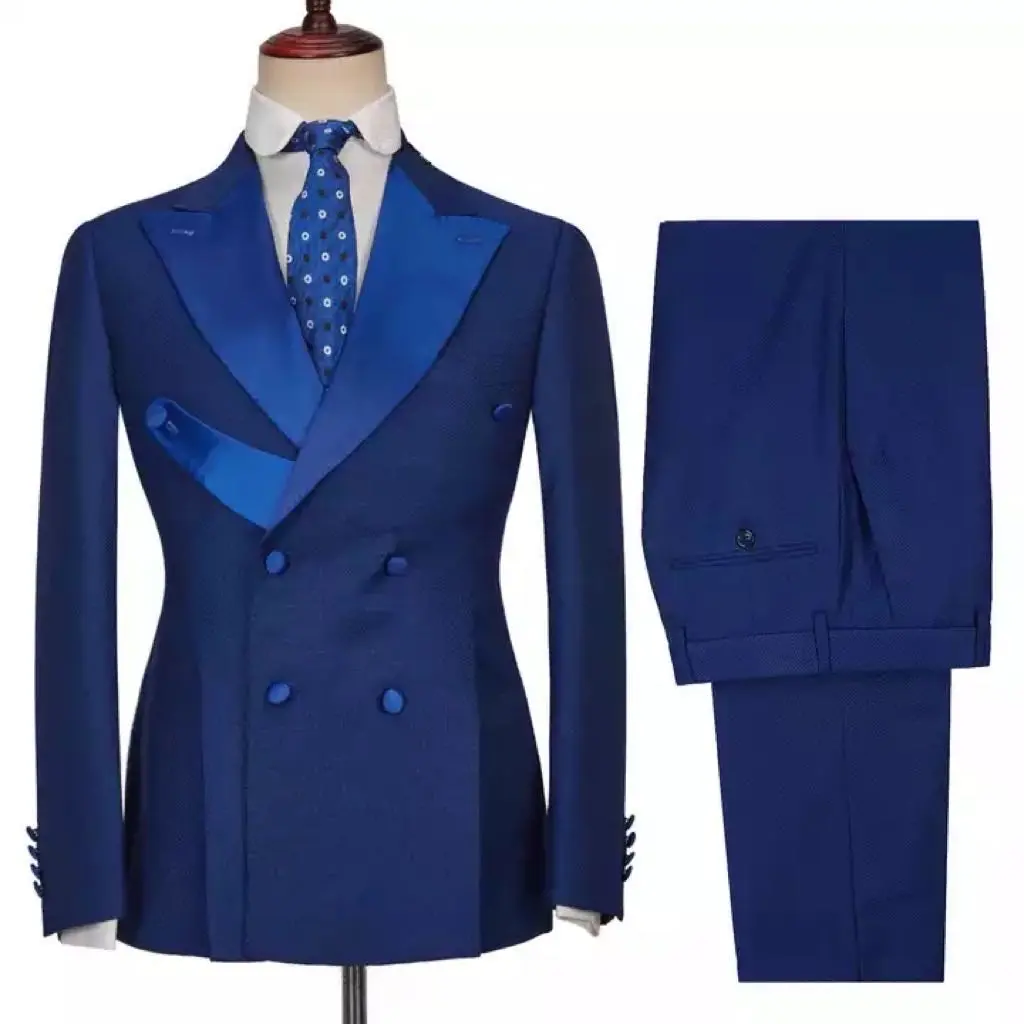 Wedding for Suit Men Jacket Double Breasted Waistcoat with Royal Blue Pants Male Fashion Costume Formal Suits Set