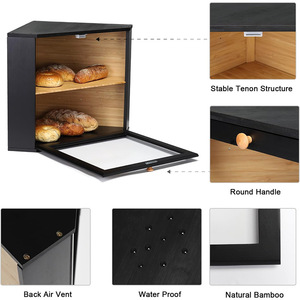 Triangular Bread Box Double Layer Black Wood <b>Storage</b> <b>Kitchen</b> Food Container With Glass Door For Bread <b>Storage</b> - Product Image 2