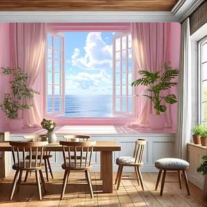 Encantador verano Tropical flor tapiz ventana vista escénica cielo azul y nubes blancas océano mar pared colgante naturaleza en Stock - Product Image 3