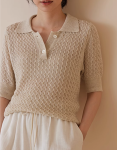 Polo de verano para mujer ODM y OEM de alta calidad, Top tejido con estilo de dinero antiguo, Top de punto con decoración de botones transpirables sueltos - Product Image 3