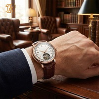 Montre automatique tourbillon OEM multifonction avec grande date, jour et mois, en acier inoxydable 316L, saphir, bracelet en cuir pour homme